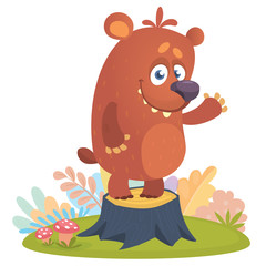 Obraz na płótnie Canvas Cartoon little bear standing on tree stump in summer season background with flower and mushrooms. Vector illustration isolated