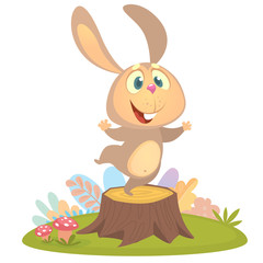 Cartoon cool little bunny rabbit dancing on tree stump in summer season background with flower and mushrooms. Vector illustration isolated