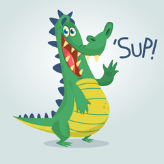 Naklejka premium Cool cartoon crocodile or dinosaur. Vector illustration of a green crocodile waving and presenting. Isolated light background. Great for animation