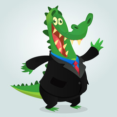 Naklejka premium Cute cartoon crocodile, alligator or dinosaur wearing black businessman suit. Vector illustration of a lovely crocodile mascot isolated