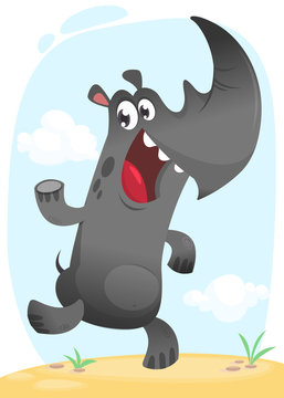 Funny cartoon rhino dancing. Wild tropic animal collection. Isolated on white background. Vector illustration of rhino running and smiling. Design element 