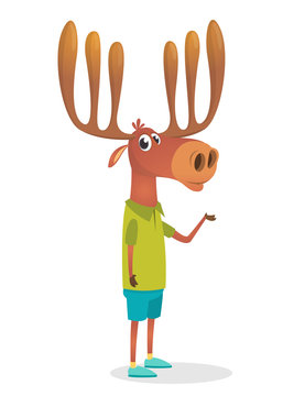 Cartoon funny hipster elk moose wearing casual street clothes. Vector illustration for print, sticker, banner