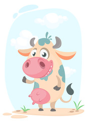 Obraz na płótnie Canvas Cartoon cute pretty cow standing and smiling. Vector illustration of a cow icon mascot isolated on white. 