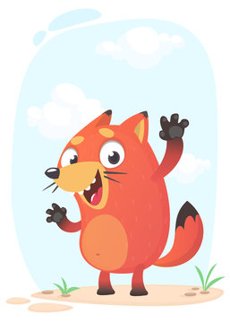 Cute funny fox mascot amusing and excited. Vector illustration isolated. Cartoon character for children books.