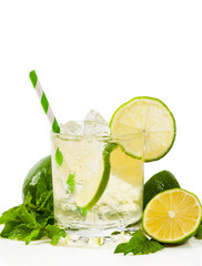 Moscow Mule Cocktail Isolated on White Background. A Moscow mule is a cocktail made with vodka, spicy ginger beer, and lime juice. Selective focus.