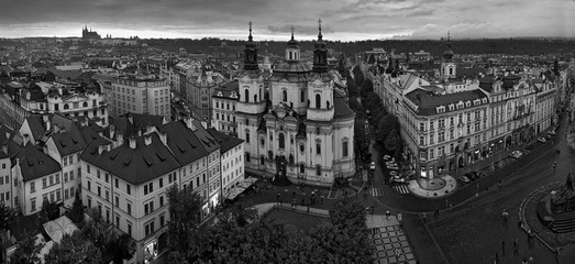 Black and white Prague. View of the city.