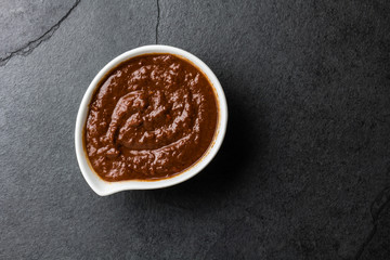 Traditional famous mexican sauce salsa chocolate chili mole poblano. Mole from Puebla, Mexico.