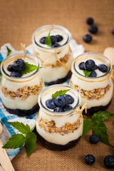 Healthy Greek Yogurt with Blueberries and Granola Parfait. Selective focus.