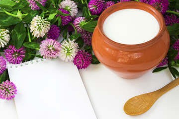 Clover flowers, a pitcher of milk and a Notepad, overhead view