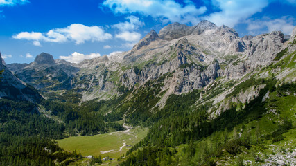 Fototapeta na wymiar Panoramic view from the mountain hut Vodnikov dom to the valley Triglav National Park,.Julian Alps, Slovenia.