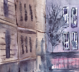 Watercolor rainy fog street building cityscape town illustration