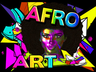 Afro Art Woman, colorful digital art with abstract background and a vintage and retro look. Perfect for themes of diversity, beauty, fashion, disco, art and more! 