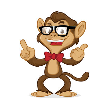 Chimp cartoon mascot wearing glasses and pointing