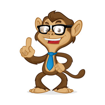 Chimp cartoon mascot wearing glasses and tie