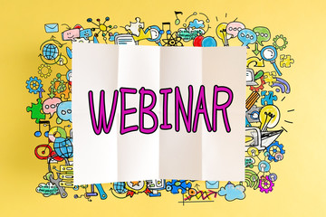 Webinar text with colorful illustrations on a yellow background