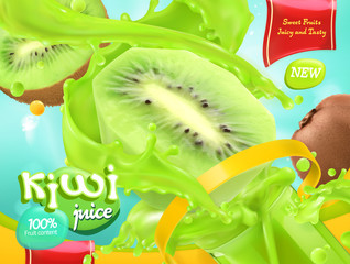 Kiwi juice. Sweet fruits. 3d realistic vector, package design
