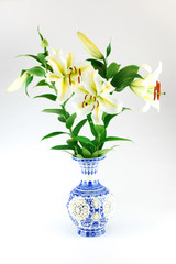fresh lily in the glass vase isolated on white background