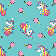 Cute unicorn and lolipop wallpaper, vector illustration
