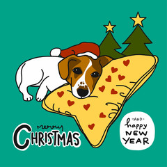 Jack Russell dog sleep on heart pillow Merry Christmas and Happy New Year cartoon vector illustration
