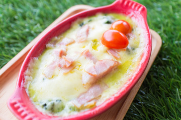Close up of baked spinach with cheese