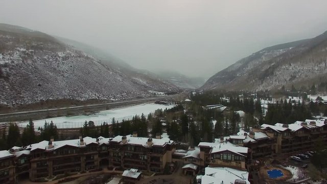 fly over ski resort in the midle of winter