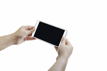 Two hands holding smart phone with blank screen.