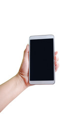 Woman hand holding white smartphone.