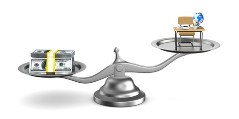 Money and education on scales. Isolated 3D illustration