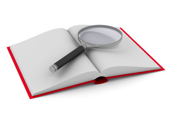 Open book and magnifier on white background. Isolated 3D illustration