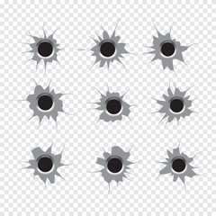 Bullet holes Set. Isolated on white transparent background. Vector illustration. - obrazy, fototapety, plakaty