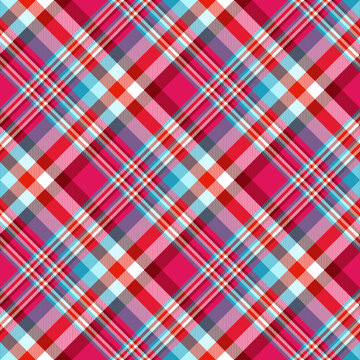 Seamless tartan plaid pattern. Madras design in stripes of light teal green, pale cyan, red, bright fuchsia pink and white.