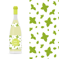 Mint vector colorful seamless pattern and bottle of limonade