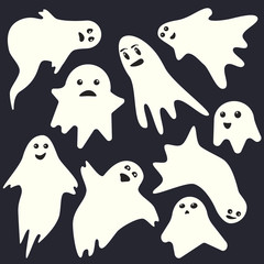 Funny scary white emotional ghost characters on dark blue background. Isolated vector holiday spooky monsters set