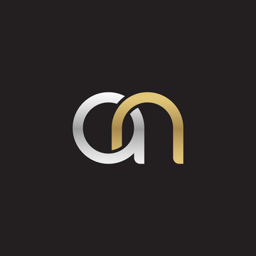 Initial lowercase letter an, linked overlapping circle chain shape logo, silver gold colors on black background
 
