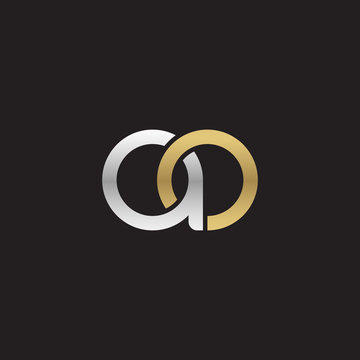 Initial lowercase letter ao, linked overlapping circle chain shape logo, silver gold colors on black background
 
