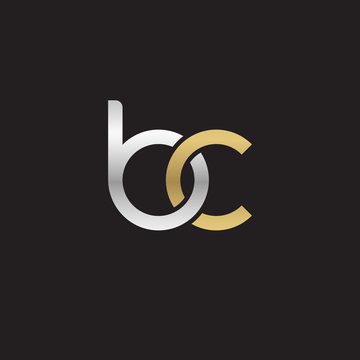 Initial lowercase letter bc, linked overlapping circle chain shape logo, silver gold colors on black background
 
