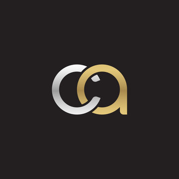 Initial lowercase letter ca, linked overlapping circle chain shape logo, silver gold colors on black background