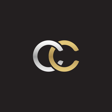 Initial lowercase letter cc, linked overlapping circle chain shape logo, silver gold colors on black background