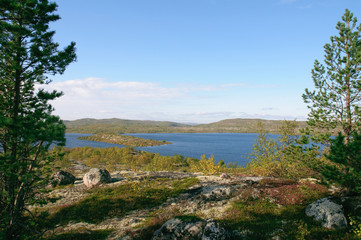 Fototapeta na wymiar Landscape among the hills of the Kola Peninsula.
