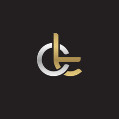 Initial lowercase letter ct, linked overlapping circle chain shape logo, silver gold colors on black background