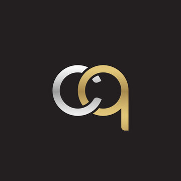 Initial lowercase letter cq, linked overlapping circle chain shape logo, silver gold colors on black background