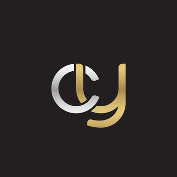 Initial lowercase letter cy, linked overlapping circle chain shape logo, silver gold colors on black background