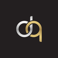 Initial lowercase letter dq, linked overlapping circle chain shape logo, silver gold colors on black background