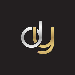 Initial lowercase letter dy, linked overlapping circle chain shape logo, silver gold colors on black background