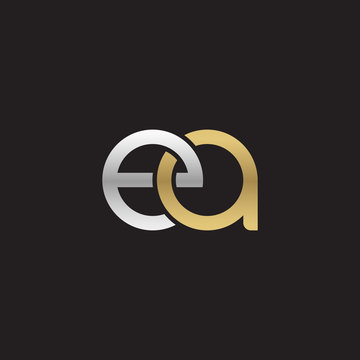 Initial lowercase letter ea, linked overlapping circle chain shape logo, silver gold colors on black background