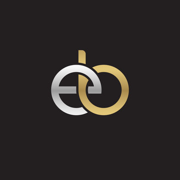 Initial lowercase letter eb, linked overlapping circle chain shape logo, silver gold colors on black background