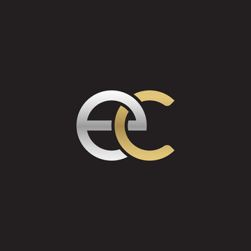 Initial lowercase letter ec, linked overlapping circle chain shape logo, silver gold colors on black background
