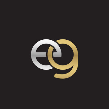 Initial lowercase letter eg, linked overlapping circle chain shape logo, silver gold colors on black background