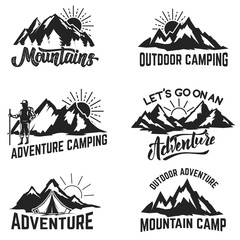 Set of mountains adventure, outdoor, camping, hiking, tourism labels, badges, emblems. Vector illustration