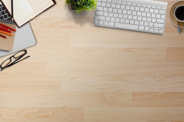  Work space concept. desktop computer and office stuff on desk work table.